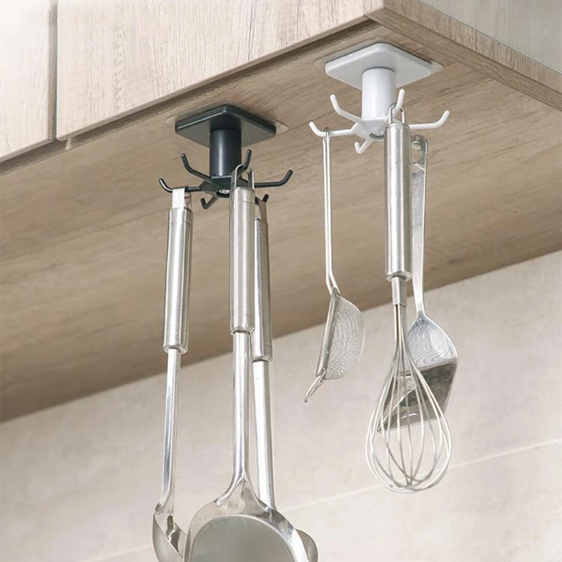 

Punch-free Kitchen Wall 360 Rotation Storage Rack 6 Hooks Spatula Hanging Hanger 449C