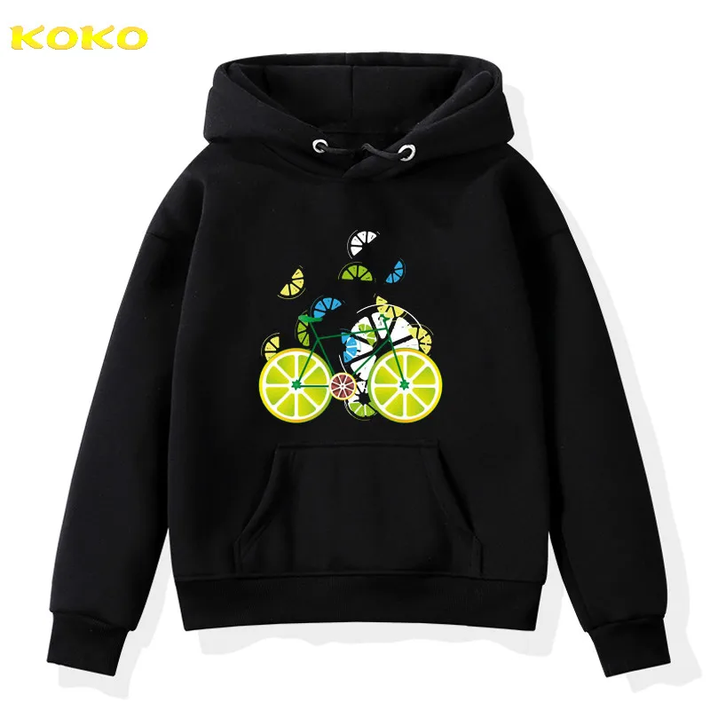 

Толстовка с капюшоном для мальчиков и девочек, детский пуловер с мультяшным принтом лимона, блузка, свитшот с карманами, модные топы, детска...