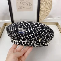 2020 new grid pearl beret fashion brand slyte letter c badge pin winter and autumn for woman