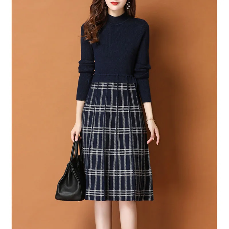 

Women Autumn Winter knit dress Plaid Pattern Knitted Long Sleeve Slim Dress Female Elegant Knit Pullover Sweater Dress R497