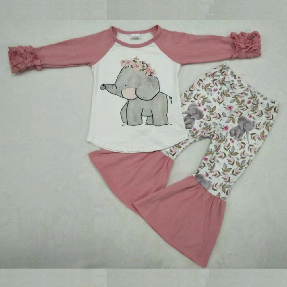 

Boutique lovely elephant pattern ruffle sleeves girls full printed elastic pant toddler outfits kids baby girl clothes
