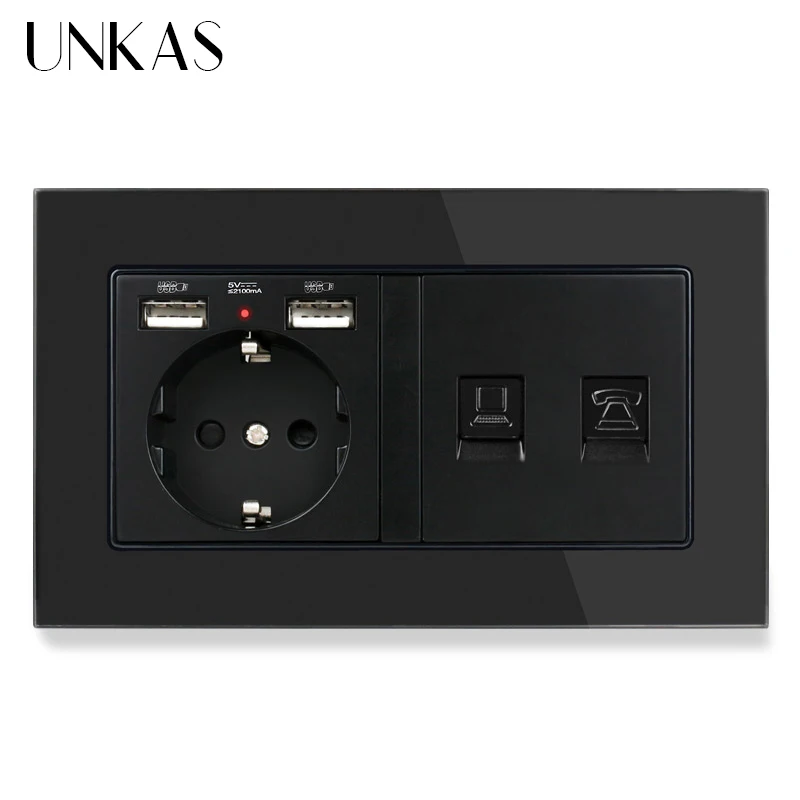 UNKAS кристальная закаленная панель настенная розетка стандарта ЕС с 2 usb-портом для