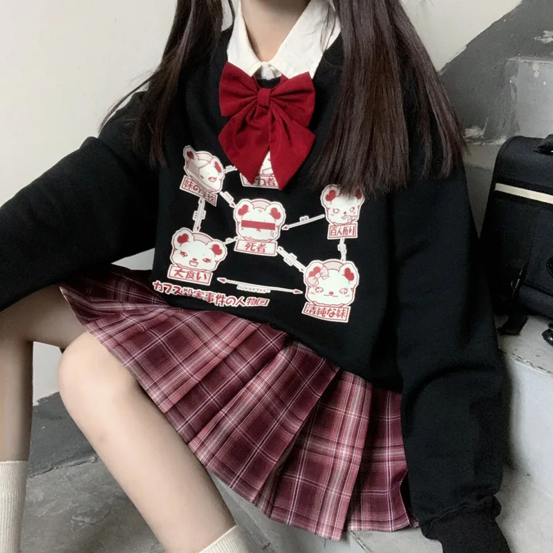

Thicken Hoodies Girl Japanese Gothic Bear Bear Campus Print Pullover Female All-match Black O-Neck Base Shirt Student Tops