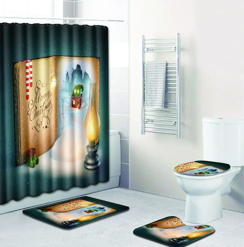 Zeegle Christmas 4pcs Mat Set Bathroom Curtain Anti-slip Toilet Cover Seat Washable Pedestal Rug Absorbent | Дом и сад