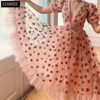 isarose 2021 strawberry dress women fashion deep v puff sleeve sweet voile mesh sequins embroidery french party dresses 4xl 5xl