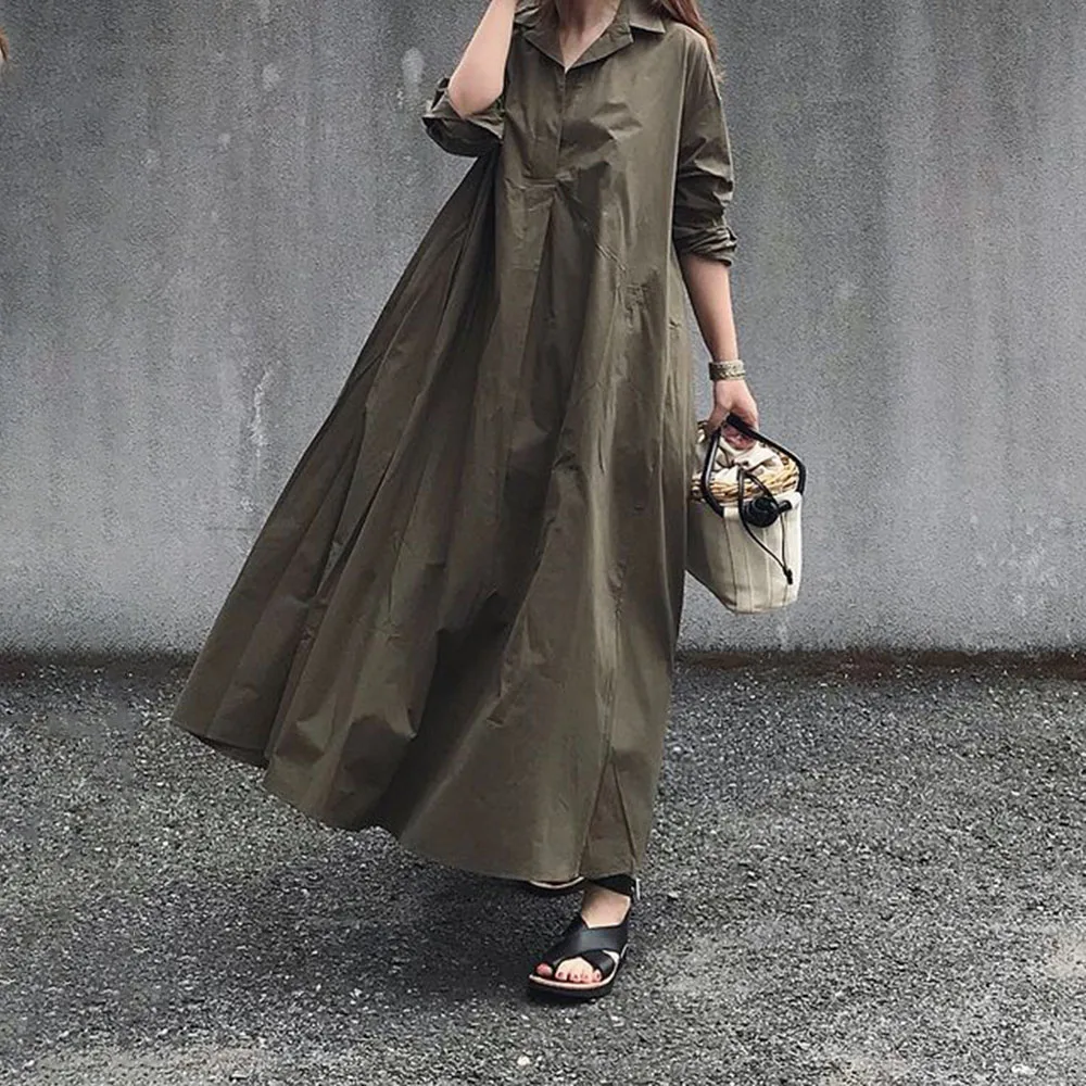 

Long Shirt Dress Women Office Lady Solid Simple Elegant Long Sleeves Autumn 2021 Japanese Style Female Casual Maxi Dresses