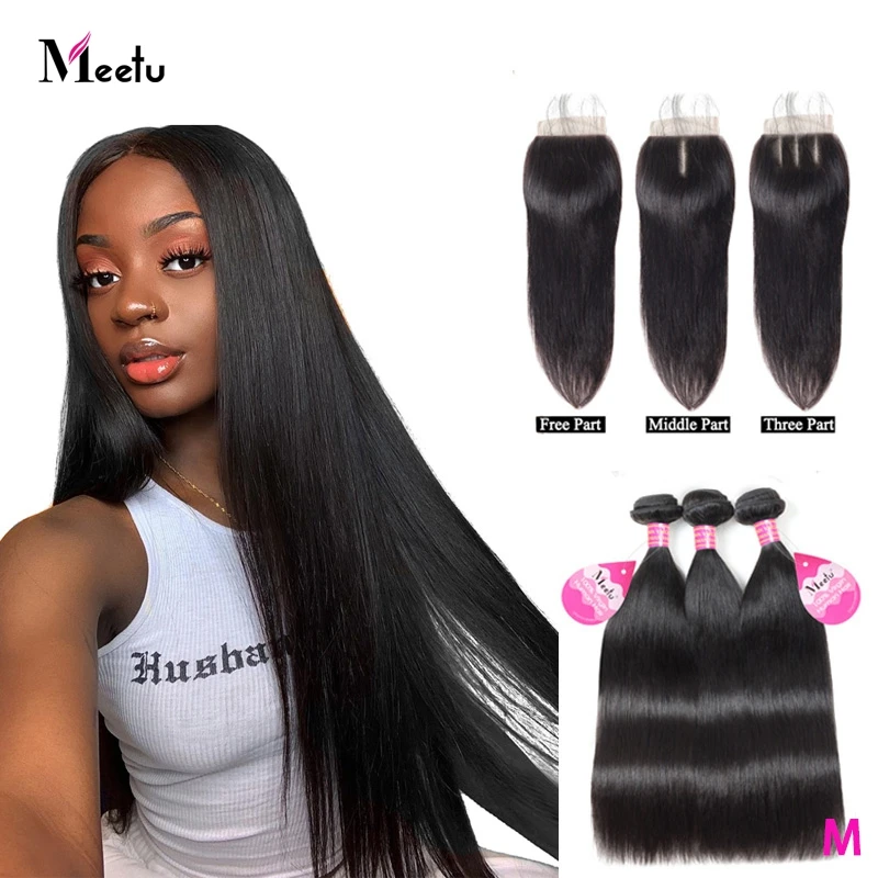 Прямые индийские пряди волос Meetu с закрытием человеческих не Реми 3 4x4 кружева|bundles