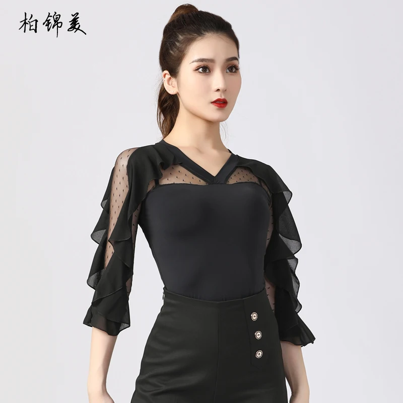 Одежда для латиноамериканских танцев рубашка взрослых с оборками рукава три