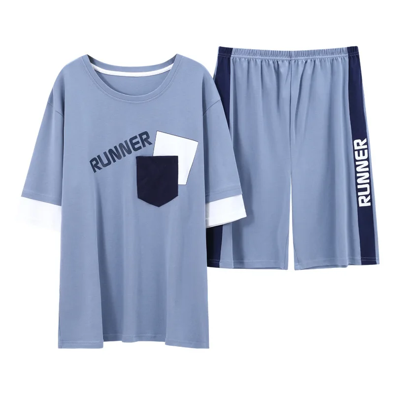 

M-4XL Men's Plus Size 2PCS Pajamas Suit Summer New Short Sleeve Shorts Cotton Home Wear Loose Nightwear Casual Print Sleepwear