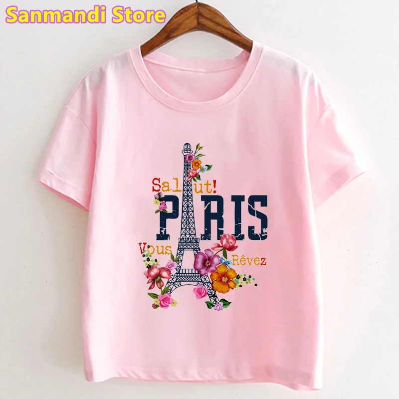 

Colorful Paris Eiffel Tower Graphic Print Tshirt For Girls Flowers Vogue T Shirt Kids Clothes Summer Tops Tee Shirt Femme Girl