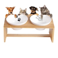 pets double bowl dog cat food water feeder stand raised ceramic dish bowl wooden table fish paw print dog feeder pet supplies