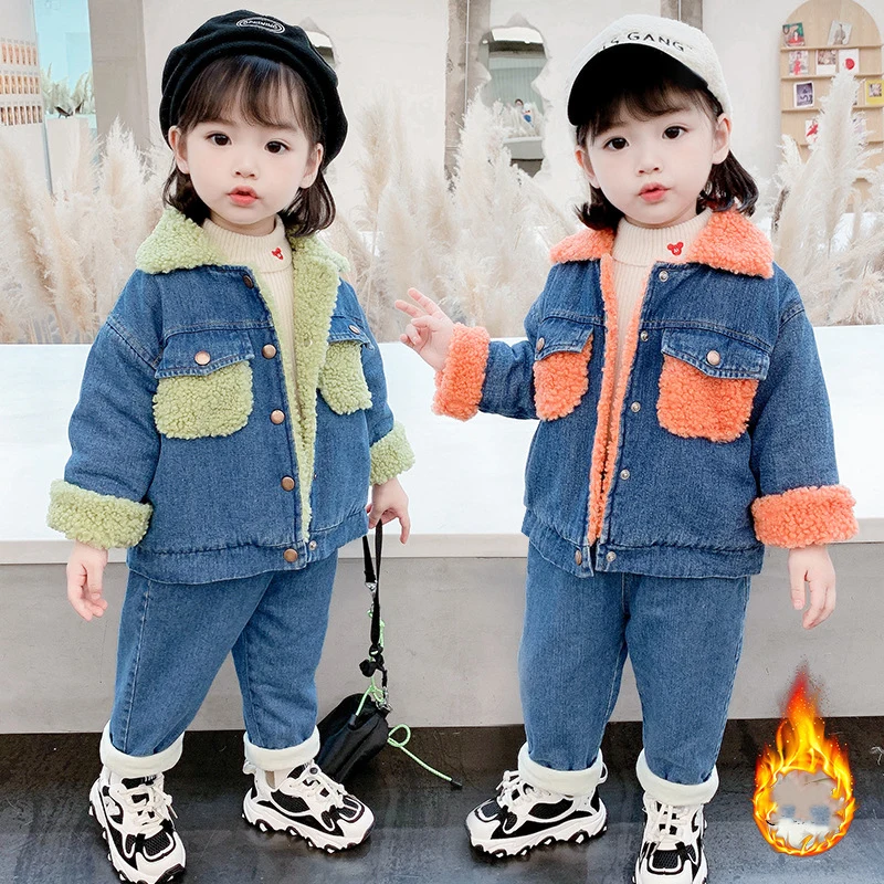 

Girls Boys Suit Coat+Pants Cotton 2Pcs/Sets 2021 Jean Winter Autumn Thicken Uniforms Outfits Warm Kid Children Clothing