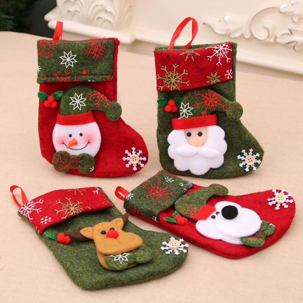 

Рождественские чулки с Санта-Клаусом, снеговиком, оленем, медведем, мешочком для конфет, фланелевые рождественские носки для украшения, подарок, простая текстура, 4 шт.