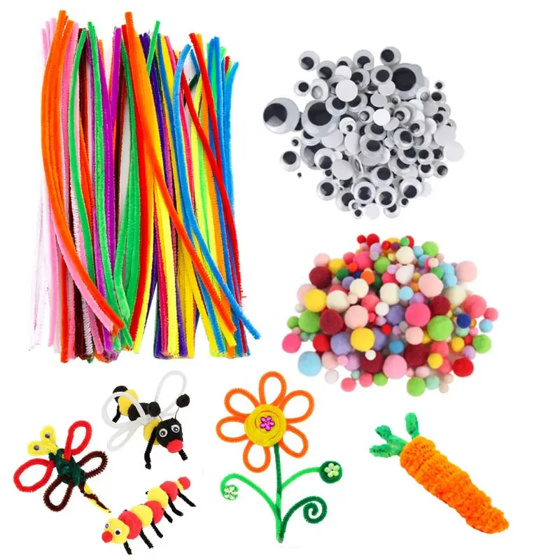 

500pcs DIY Activities Pipe Cleaners Ornament Making School Projects Googly Eyes Chenille Kids Art Pompoms Craft Supplies