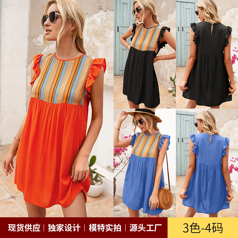 

Casual loose vintage women dress summer O neck ruffl sleeveless stitching clothes fashion party mini dresses for woman Robe 2021