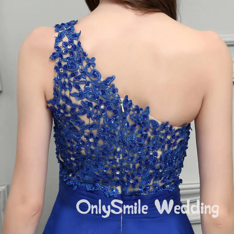 Ярко-синий шифон Длинные Выпускные платья 2019 одно плечо Кружева бисером