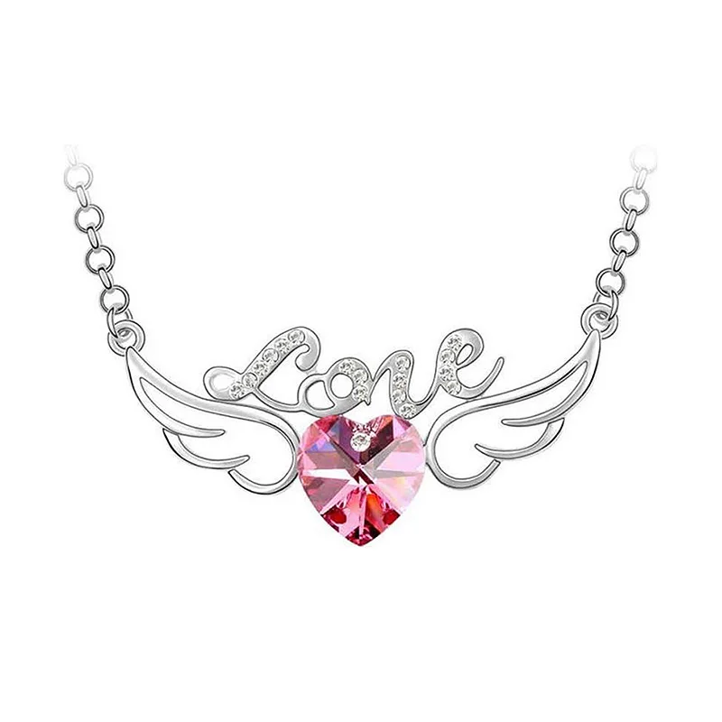 Украшенное кристаллом фиолетовое ожерелье в форме сердца Ангел ожерелья крылья