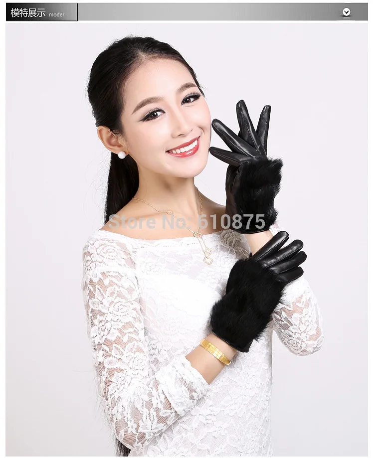 

Woman Winter Plus Size Plus Velvet Thicken Color Rabbit Fur Sheepskin Gloves Mittens Warm Genuine Leather Cowhide Mitten A06