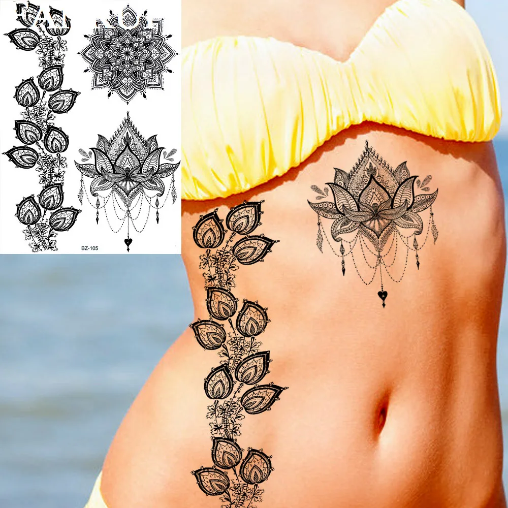 

FANRUI Rattan Leaf Black Henna Temporary Tattoos Sticker Flower Fake Tatoos For Women Lotus Art Custom Tattoo Chains Pendant