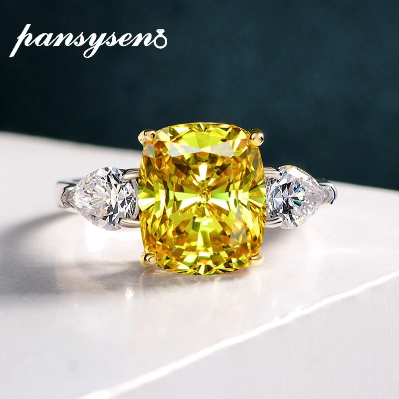 

PANSYSEN Top Quality 100% 925 Sterling Silver 11ct Citrine Created Moissanite Wedding Engagement Ring Fine Jewelry Drop Shipping