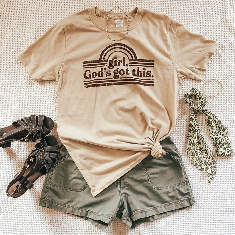 

Girl God's Got This Women Cute Graphic Tshirts Khaki Vintage Loose Cotton Short Sleeve Tops Round Neck Summer 80s Casual Shirts