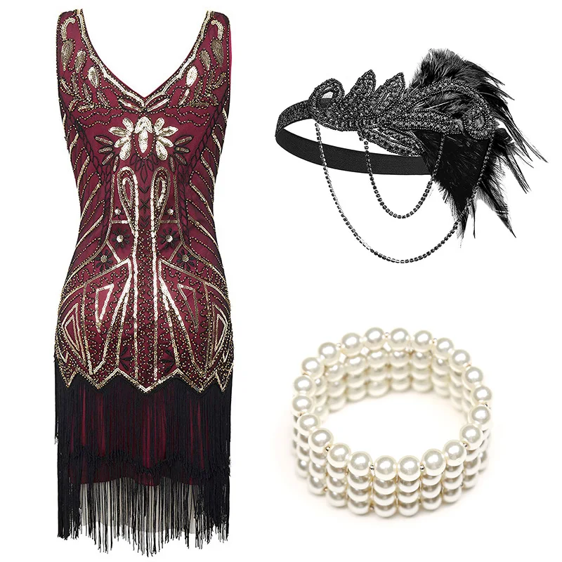 Red Set (B) Женские Хлопушки платья 1920s бисером бахромой платье Грейт Гэтсби w/Набор аксессуаров xs-xxl - Цвет: Red Set (B)