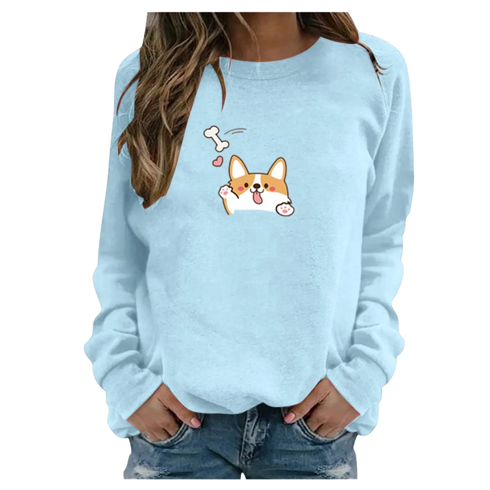 61# Harajuku Kawaii Animal Print T-shirts Women's Casual Long Sleeve Print Pullover Sweatshirt Tops Streetwear Loose Tee Tops
