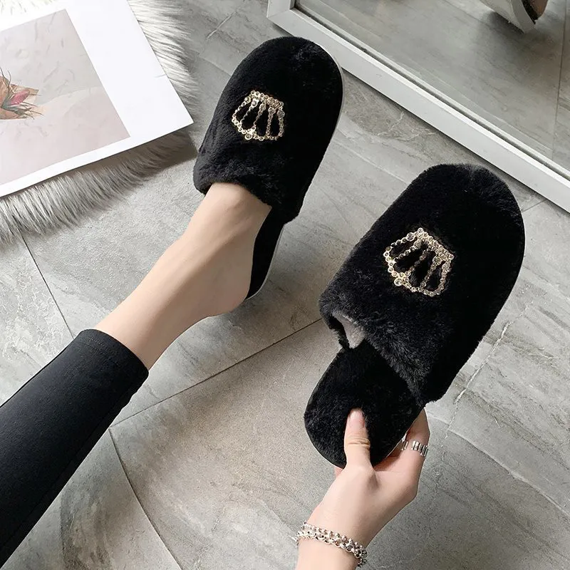 

Faux Fur Warm Shoes Woman Slip on Flats Female Fur 1.5cm Heel Plus Size 36-41 Dropshipping Winter Fashion Women Home Slippers