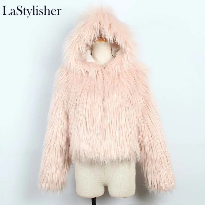 light pink Пушистое теплое Женское пальто с капюшоном, куртки из искусственного меха, зимнее модное короткое меховое пальто, Брендовые женские пальто больших размеров на осень и зиму - Цвет: light pink
