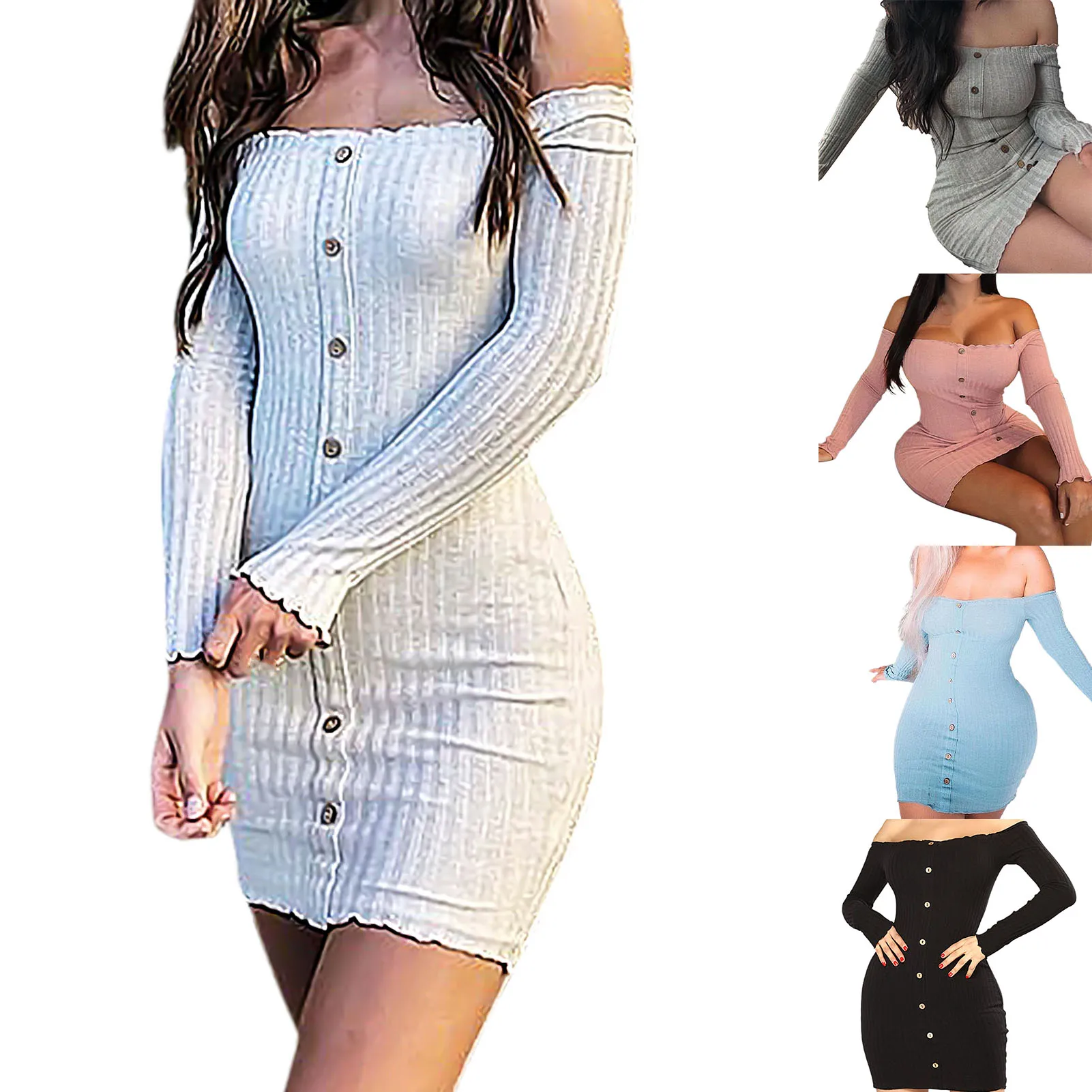 

Women Sexy Solid Color Off Shoulder Long Sleeve Buttons Bodycon Mini Party Dress