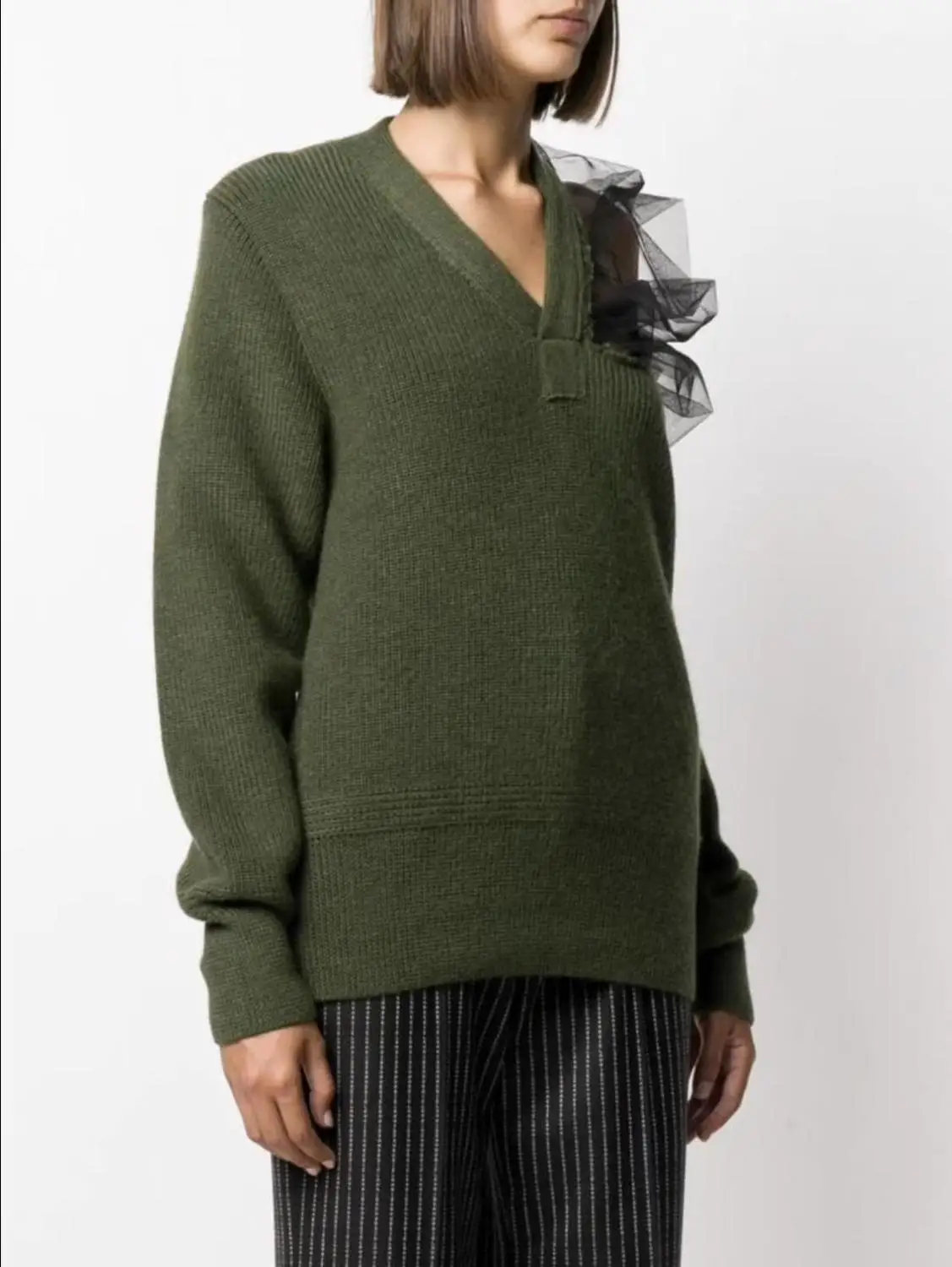 

MSXU Women Winter Elegant Fashion Chic V Neck Mesh Patchwork See Though Casual Knit Sweater