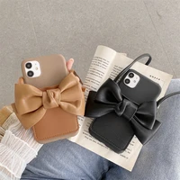 luxury bow leather card bag lanyard phone case for iphone 11 12 pro max back cover for iphone x xr xs 6s 7 8 plus 7plus 8plus