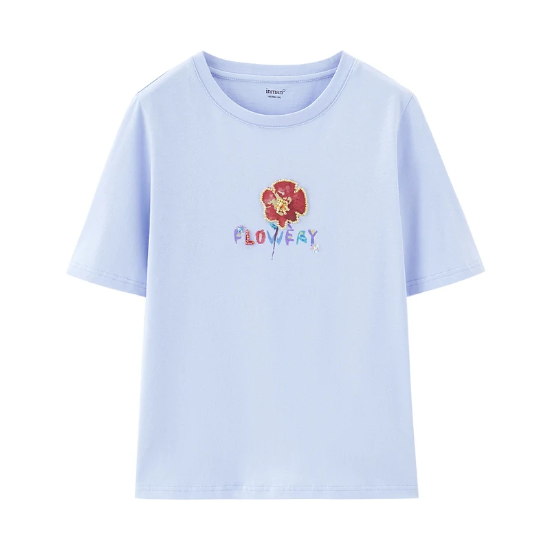 

INMAN Summer Women T-Shirt Retro Literary Casual Style Letter Flower Printing Bead Decoration Round Collar Short Sleeve Top