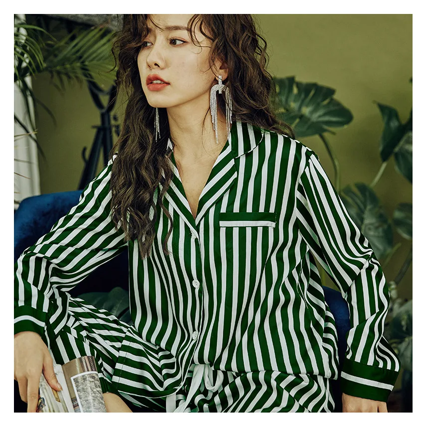 

Female Green Striped 2PCS Pajamas Suit Satin Novelty Spring Autumn New Nightwear Intimate Lingerie Long Sleeve Casual Pyjamas