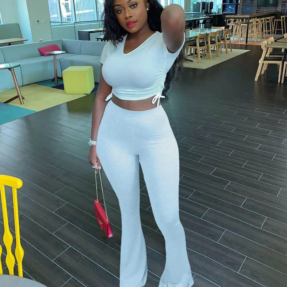 

Bodycon 2 Piece Set Women Side Drawtring Ruched Crop Top and Flare Pants Suit Streetwear Casual Fitness Matching Sets Outfits