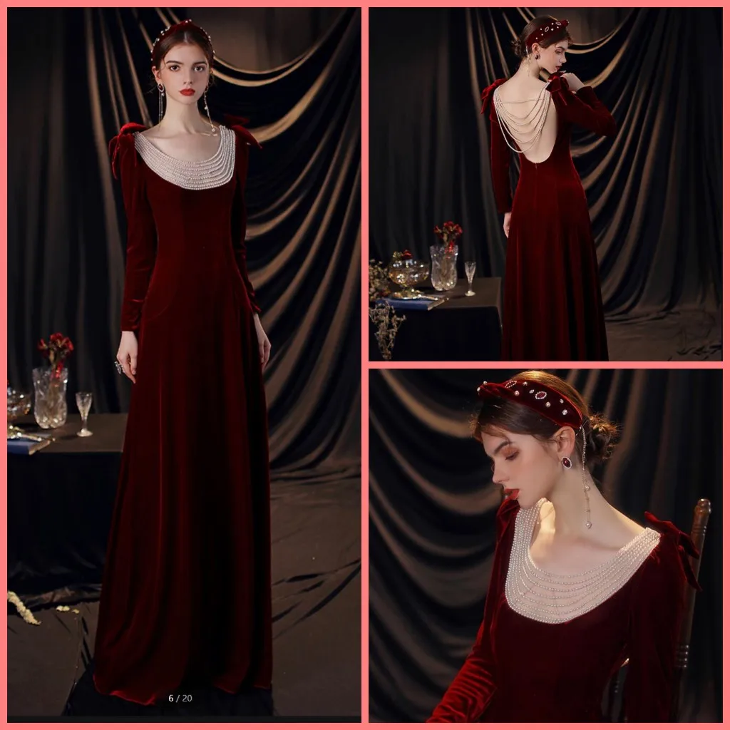 

Женское бархатное платье с длинным рукавом, винное ТРАПЕЦИЕВИДНОЕ ПЛАТЬЕ с жемчугом и бантом, сексуальное платье с открытой спиной для выпу...