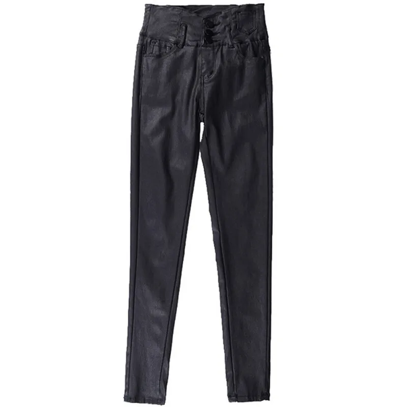 

Autumn Winter Woman Faux Leather Black Pants Female High Waist Leggings Ladies Elastic Skinny Push Fashion Thin Streetwear A146