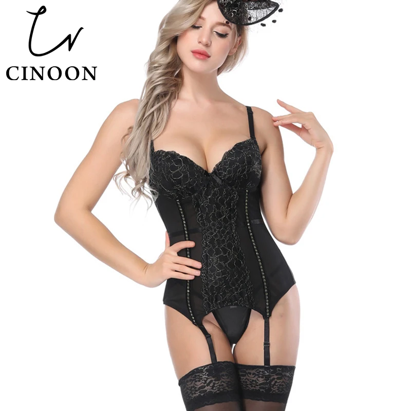 CINOON сексуальные женские корсеты ажурный кружевной топ пуш ап черное/белое нижнее