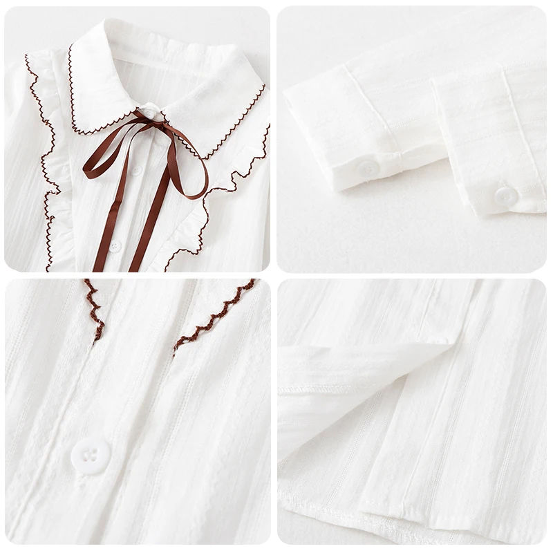 

New White Shirt Women Girls Lace Up Bow Ruffles Bordered Long Sleeve Tops For Women Blouse Preppy Style Spring Autumn T16508A