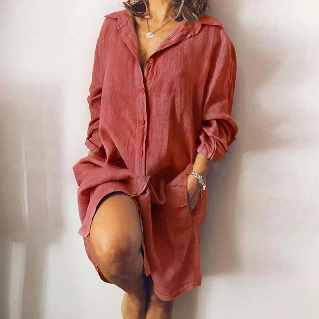 Модная Осенняя Женская однотонная туника на пуговицах с отложным воротником
