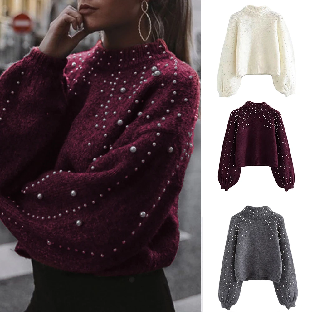Women Fashion Lantern Sleeve Pearls Knit Winter Warm Sweaters Ladies Solid Color O-neck Loose Slim Fit Short Pullovers 2019 New | Женская