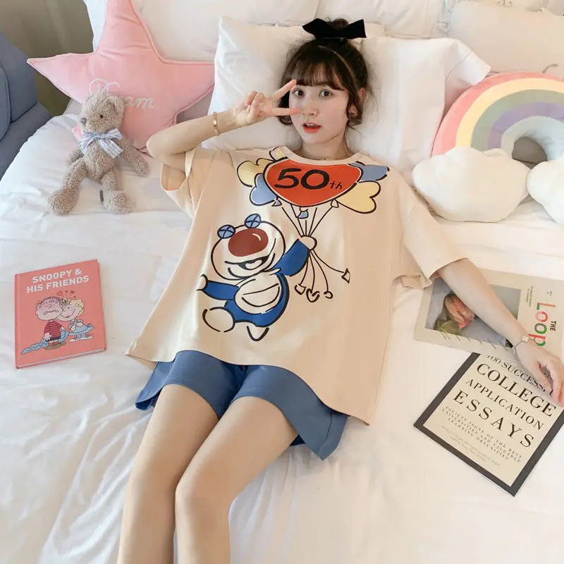 Pajamas Female Summer Thin Section Cotton Short-sleeved Students Cartoon Cute Sweet Can Wear Two-piece Home Wear Sets