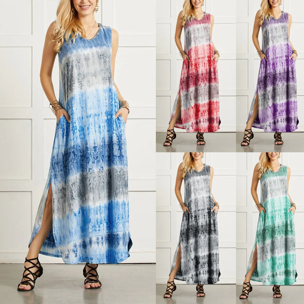 

Women's tie dyed split sleeveless vest dress irregular hem V-neck pocket dress summer casual everyday street style