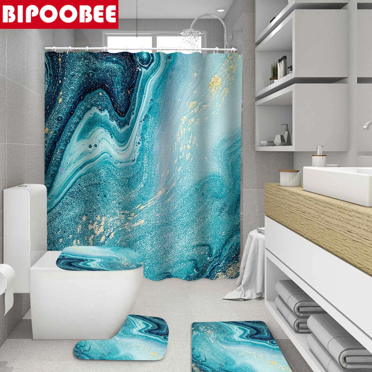 

Blue Marble Striped Bathroom Curtains Modern Shower Curtain Pedestal Anti-slip Carpet Toilet Lid Cover Bath Mat Washroom Rugs