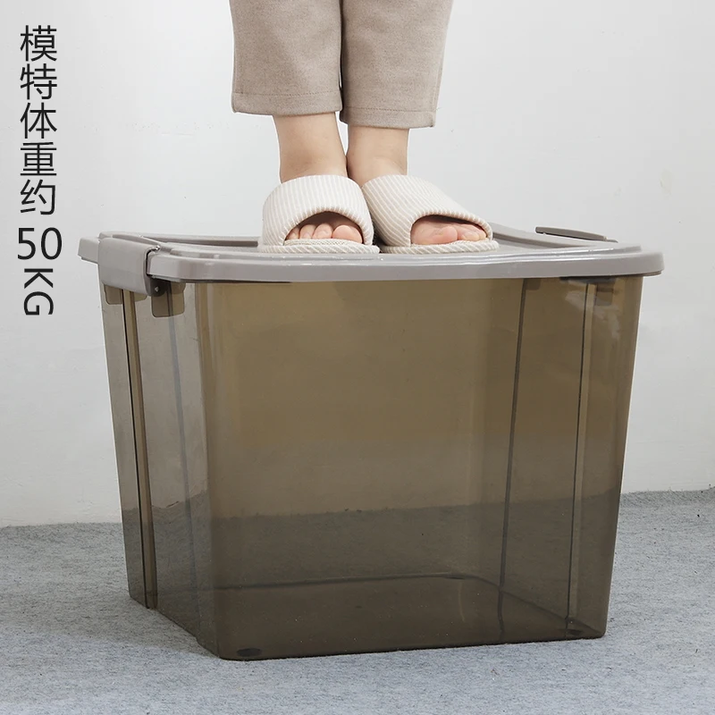 Полупрозрачный большой ящик для хранения с крышкой пластиковый бытовой