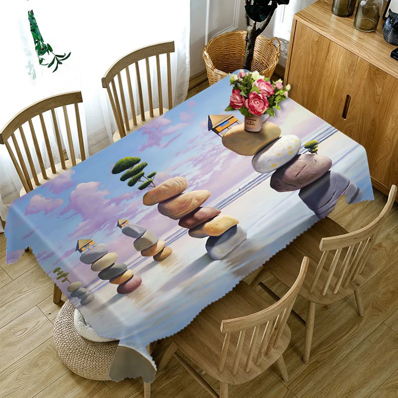 

3D Stone Tablecloth Sea Blue Sky Table Cover Washable Dustproof Fabric Home Decoration Rectangular Round Table Cloth Wedding