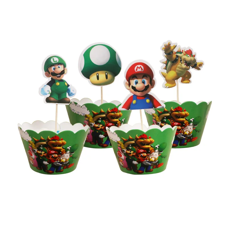 

12pcs/lot Happy Baby Shower Boys Kids Favors Mari0 Theme Cupcake Wrappers Decorations Birthday Events Party Cake Toppers