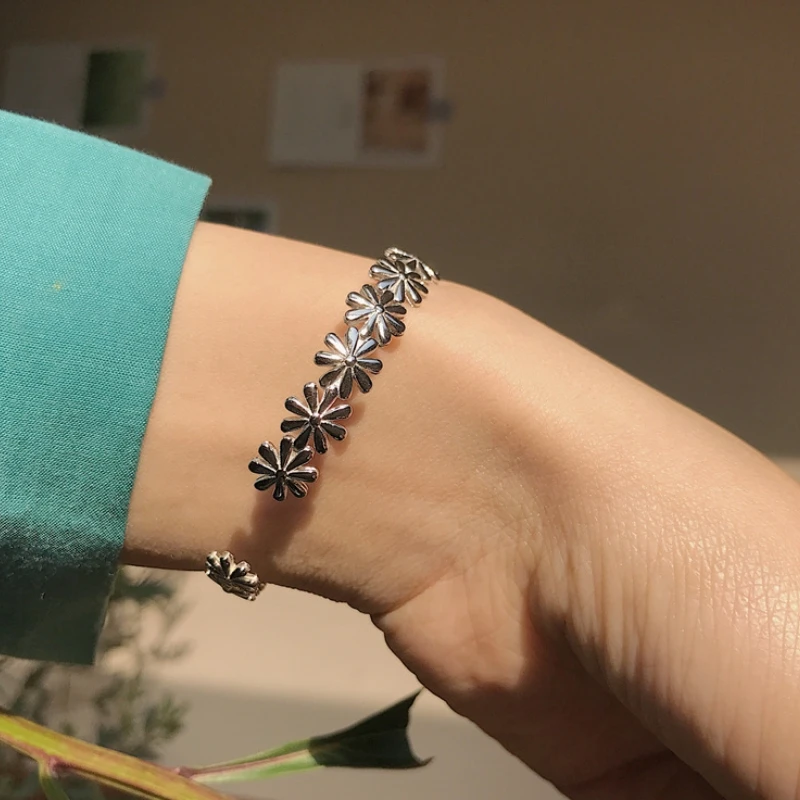

925 Sterling Silver Bangles For Women Daisy Flower Vintage Silver Jewelry Female Handmade Opening