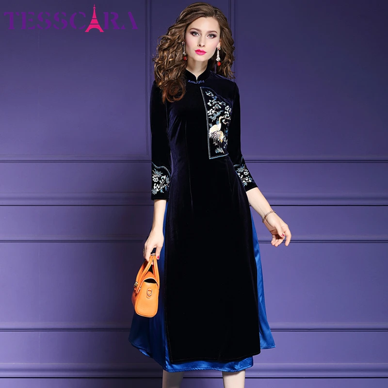 Женское зимнее элегантное бархатное платье TESSCARA с вышивкой женское в китайском