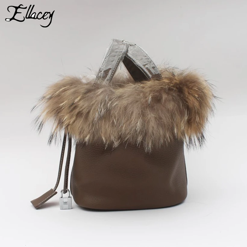 Ellacey, женская сумка-мешок, Лисий мех, натуральная кожа, меховая женская сумка, светская корзина, настоящая кожа, Маленькая Рождественская сумка-тоут